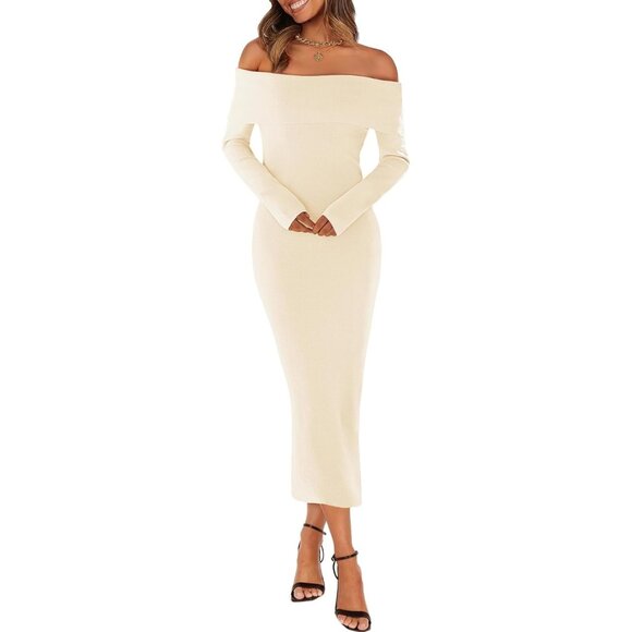 Merokeety Women's Beige Off Shoulder Long Sleeve Elegant Bodycon Dress - Picture 3 of 9